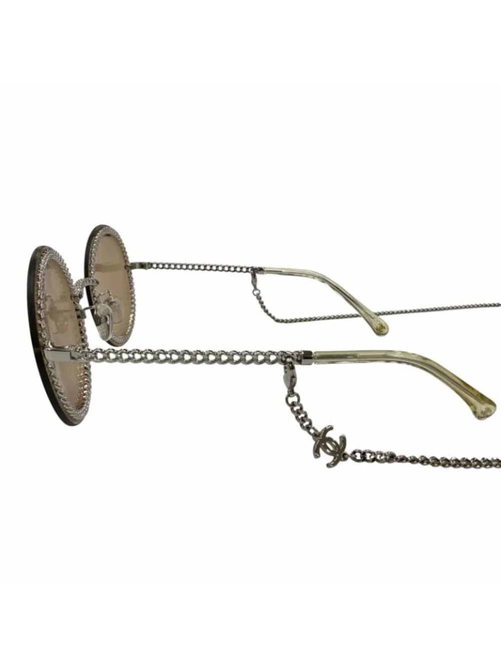 Chanel CC Logo Round Chain Glass Cord Sunglasses Silver Brown Demo Lens Eyewear